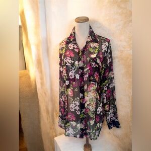 [Equipment] Black Floral Print 100% Silk Sheer Blouse Sz: S